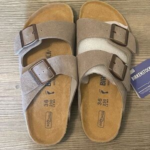 Birkenstock Arizona Soft Footbed Sandals in Taupe Suede